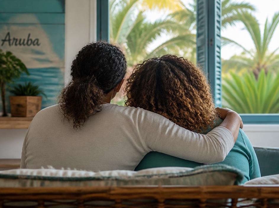 Two people sitting together in a supportive embrace by a window