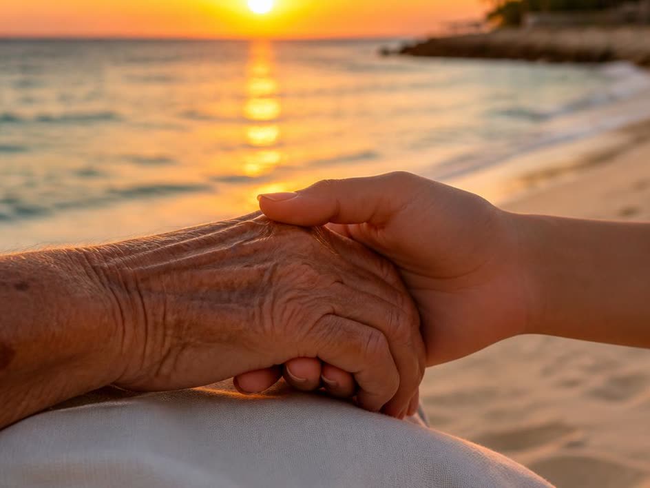 A younger hand gently holding an aging hand with a warm Aruba beach sunset in the background